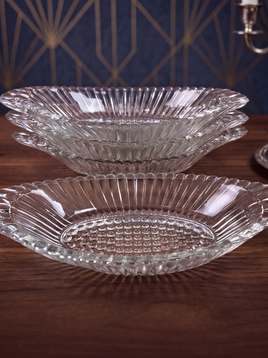 Other - Vintage Clear Glass Dessert Bowls | Set of 4 Ribbed Oval Dishes | Mid-Century